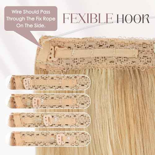 MY-LADY Halo Hair Extensions Real Human Hair for Women Ash Blonde & Bleach Blonde Clip in Remy Hairpiece with Adjustable Invisible Wire 16 Inch 65G