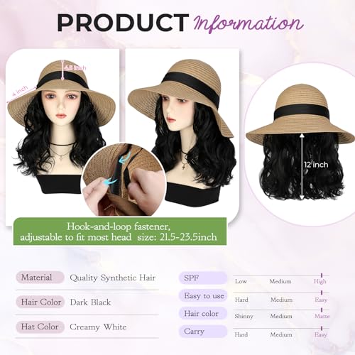 Adjustable Straw Sun Hat with Detachable 12-Inch Wavy Hair for Women