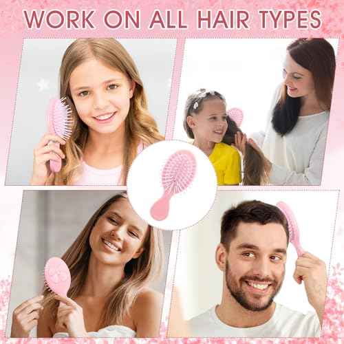 Meanplan 6 Pcs Mini Hair Brush Bulk with Bow Travel Detangling Brush Pink Coquette Small Hairbrush for Dry and Wet Hair Women Gift for Christmas Stocking Stuffers Party Favors(Pink)