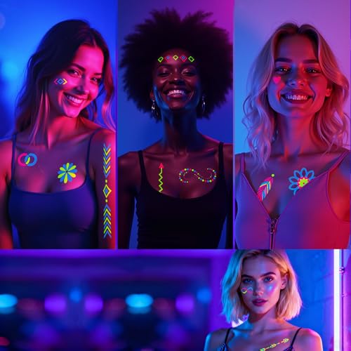 UV Glow Temporary Tattoos 192+ Designs, Neon Blacklight Reactive