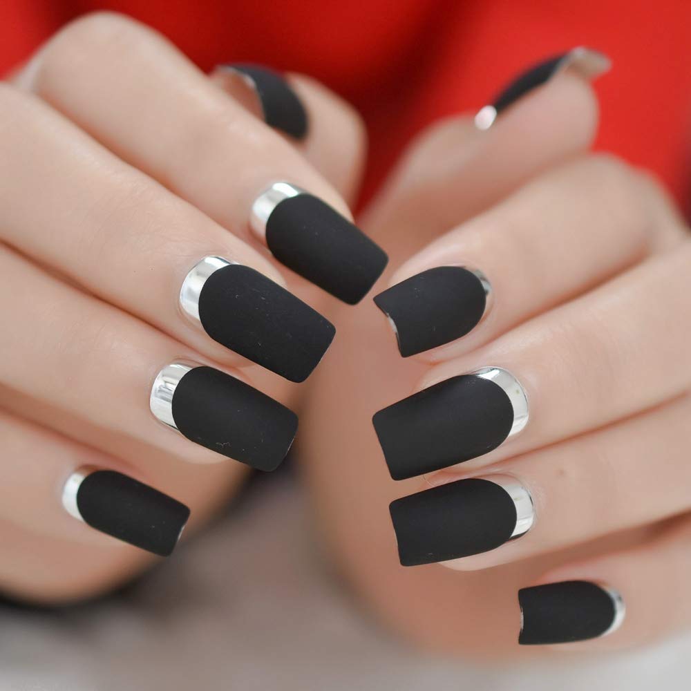 ELEVENAIL Matte Black Silver Metallic French Press on False Nails Medium Length Square Salon DIY Manicure Reusable Fake Acrylic Christmas Nail Art Tips with Jelly Adhesive Tabs Nail File