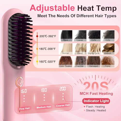 Cordless Hair Straightener Brush - Portable Ionic Frizz-Free Styling