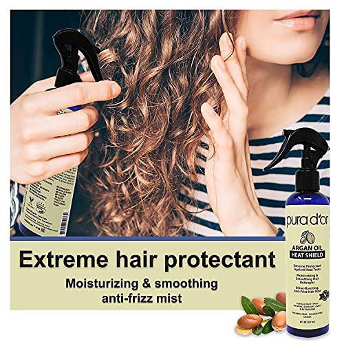 PURA D'OR Argan Oil Heat Shield Protectant Spray (8oz) Water Based Formula w/Organic Ingredients, Protects Up To 450º F From Flat Iron & Hot Blow Dry, Leave-In, Define & Shine Dry & Damaged Hair