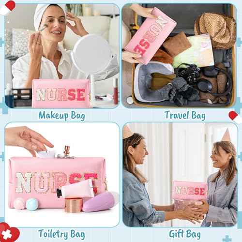 CY2SIDE NURSE Letter Makeup Bag - Gradient Pink Chenille Letter Patch Cosmetic Bag Pink PU Leather Patch Travel Pouch Waterproof Portable Zipper Travel Organizer Case Xmas Gifts for Nurse Women