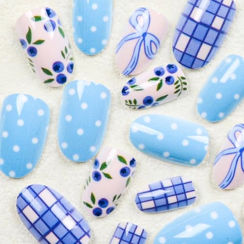 Sevgob Pattern BK10 Polka Dots Blueberry Design Short Almond Press-On Nails 24Pcs