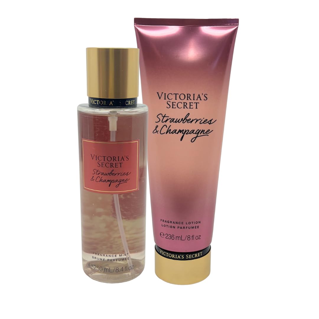 Victoria's Secret Strawberries & Champagne Fragrance Mist 8.4oz and Fragrance Lotion 8oz - Set