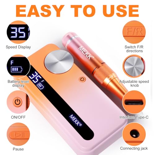 MEKK Professional Nail Drill 35000RPM E-File for Acrylic & Gel Nails - Orange-Pink