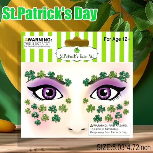 St. Patrick's Day Face Tattoos, 2 Pack Shamrock Glitter Gem Stickers