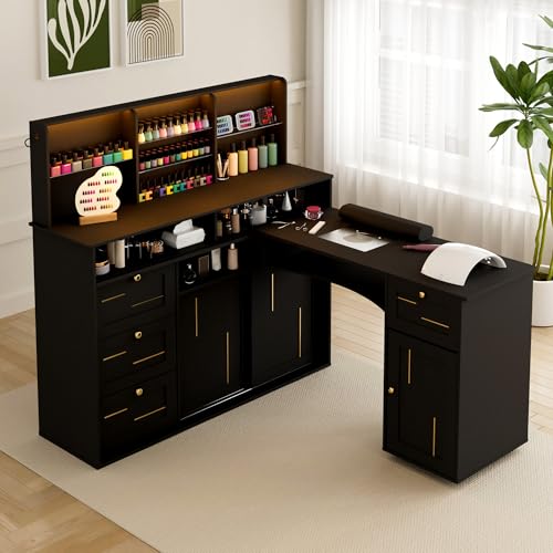 HolaiNail L-Shaped Manicure Table with Dust Collector & App-Controlled LED Light - Black