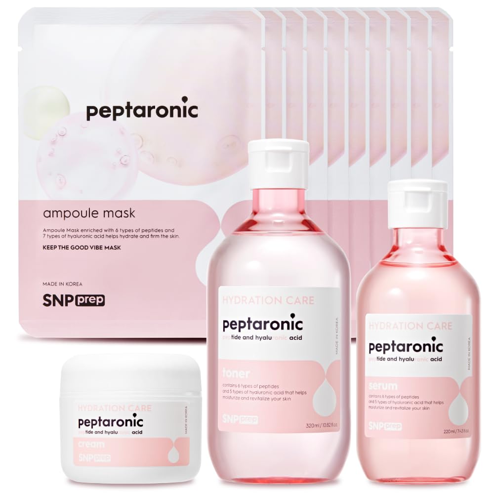 [K Beauty Snp] 4-in-1 Peptaronic Skincare Set | Peptide and Hyaluronic Acid Complete Skin Care Set | Includes Facial Toner, Cream, Face Serum, and Ampoule Sheet Face Masks | Skin Care Gift Set of 1