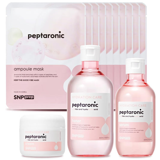 [K Beauty Snp] 4-in-1 Peptaronic Skincare Set | Peptide and Hyaluronic Acid Complete Skin Care Set | Includes Facial Toner, Cream, Face Serum, and Ampoule Sheet Face Masks | Skin Care Gift Set of 1