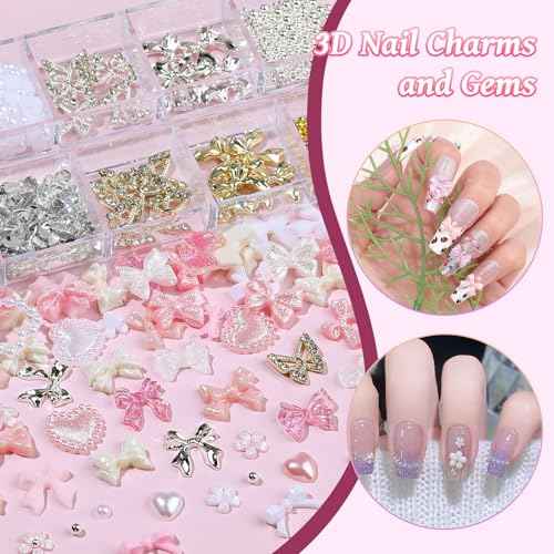 2 Boxes 3D Bow Nail Charms and Gems, Pink White Bows Flowers Heart Petals Nail Art Charms Gold Silver Alloy Bowknot Butterfly for Nails Flatback Pearls Rhinestones Caviar Beads for Women Nail Design