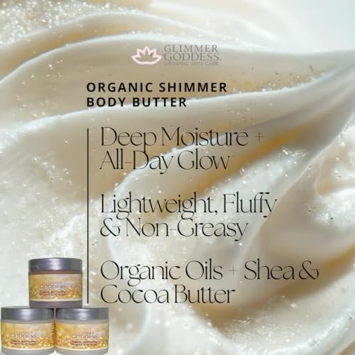 GLIMMER GODDESS Shimmer Body Butter with Organic Whipped Shea Butter for Hydration, Moisturizing & Silky Natural Glow - Bronze, Diamond & Gold in Sexy, 2oz, Pack of 3