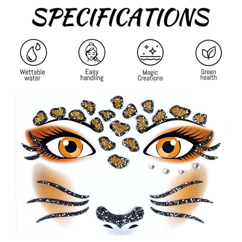 Leopard Face Temporary Tattoos Cheetah Face Stickers Leopard Face Stickers Cheetah Face Tattoo Makeup Cheetah Leopard Print Tattoos Glitter Halloween Cosplay Costume Accessories for Face Stickers 1Pcs