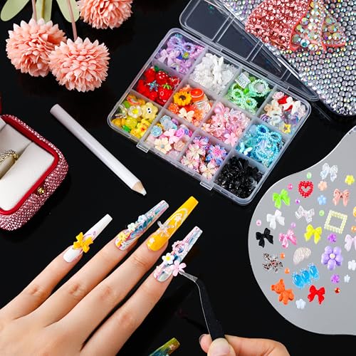 LERBOU 5-Box Nail Art Kit with 24-Color Resin Rhinestones Flowers & Bowknot Decorations