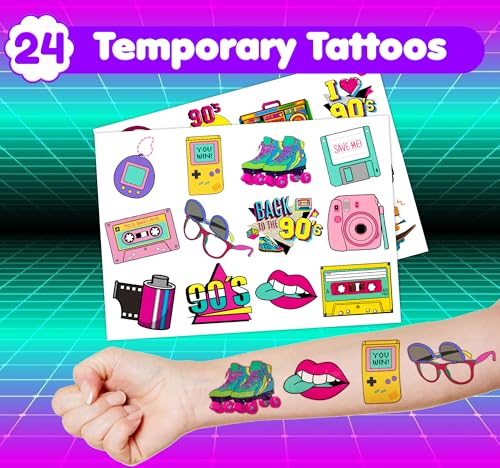 90s Party Favors Set - 24 Temporary Tattoos & 12 Stamps