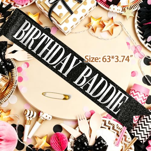 Birthday Baddie Sash – Black Glitter Satin Shoulder Accessory