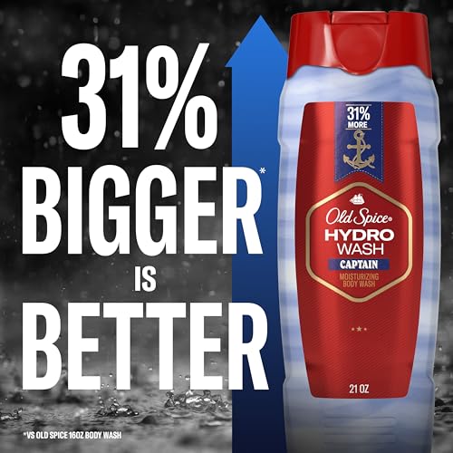 Old Spice Moisturizing Body Wash for Men, Hydro Wash, 2-in-1 Long Lasting Scent & Deep Hydration, 24/7 Shower Fresh, Captain Scent, 21 oz (Pack of 4)