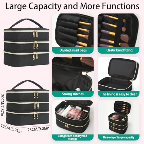 Travel Makeup Bag for Women Three Layer Large Cosmetic Case Water-resistant Toiletry Bag Organizer for Store Toiletries Cosmetic Accessories and Manicure Sets Black