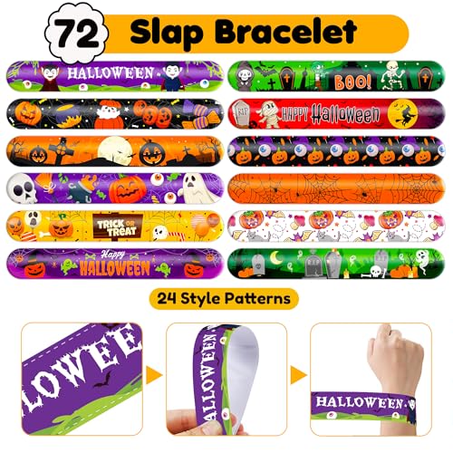 144PCS Halloween - 72 Temporary Pre-Cut Tattoos & 72 Slap Bracelets Halloween-Themed Birthday Supplies, Baby Shower Gifts, Classroom Rewards & Party Decor for Kids (Boys & Girls)