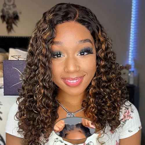 Highlight Curly Human Hair Wig 1B/30 Glueless Wigs Human Hair Pre Plucked Pre Cut No Glue Deep Wave Wig Short Ombre Brown Bob Wig Wear and Go Glueless Wig 200 Density for Women 12"