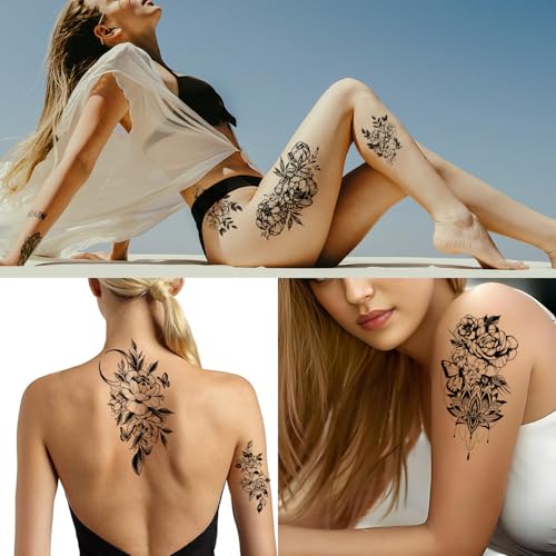 Black Flower Butterfly Temporary Tattoos for Women Girls, 10Sheets Large Waterproof Arm Adults Fake, Realistic That Look Real Last Long Tattoo Stickers Party Favors Supplies Gifts