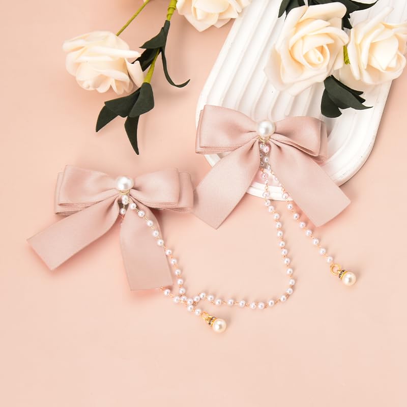 Hair Bow Accessories for Girls Women Pink Hair Bow with Pearls Tassel Ribbon Bow Hair Clips Small Silk Hair Bows for Women Bow Decor Hair Clip Satin Bowknot Hair Clips Head Clips for Women's Hair