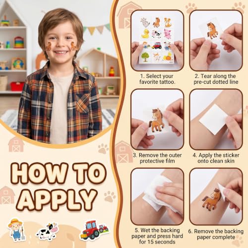 96 Farm Temporary Tattoos for Kids - Pre-Cut Barnyard