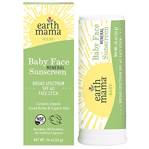 Earth Mama Baby Face Mineral Sunscreen Stick SPF 40 | Reef Safe, Non-Nano Zinc, Contains Organic Cocoa Butter & Aloe | Babies, Kids & Family 0.74-Ounce