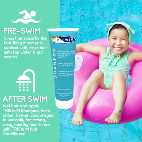 TRISWIM Kids After Swim Value Pack of 4 Travel Mesh Bag + Swim Care Chlorine Removal Body Wash + Swimming Lotion + Swim Shampoo and Conditioner 8.5 fl oz Keep your Little Swimmers Clean and Healthy