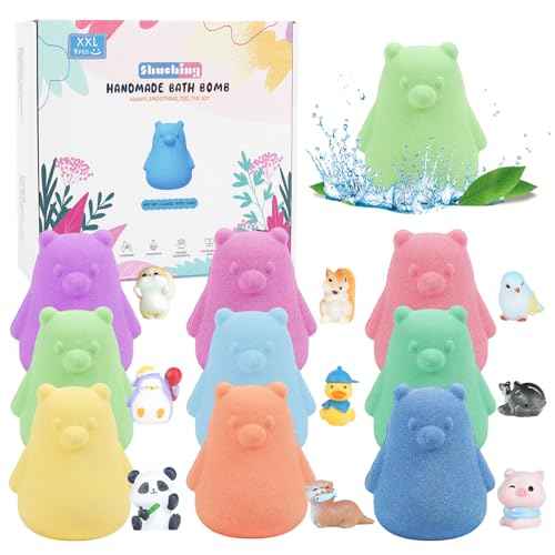 SHUCHING 9 PCS XXL Bear Bath Bombs with Surprise Inside, Natural and Organic Bubble Bath Fizzy Balls for Kids, Birthday Christmas Gifts Set for Boys Girls