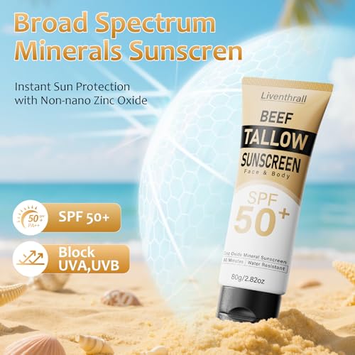 Mineral Sunscreen with Non-Toxic Zinc Oxide SPF 50, Organic Natural Beef Tallow Sunblock with Honey Beeswax, Non Greasy Formula for Face, Body and Skin