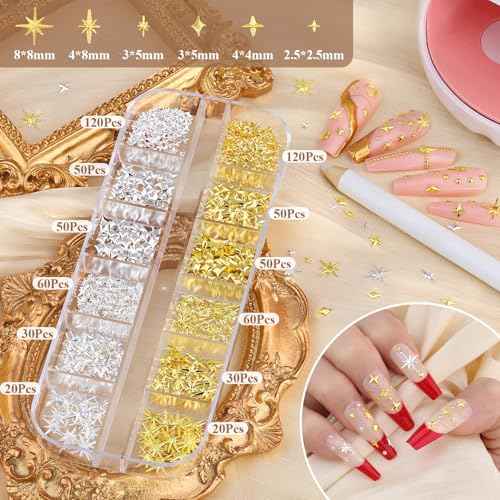 2640Pcs 3D Star Nail Charms, Gold & Silver Multi-Shapes Metallic Nail Art Gems and Small Round Caviar Beads, Craft Jewels Nail Rhinestones Accessories Manicure Decor with Tweezers and Pick-up Pencil
