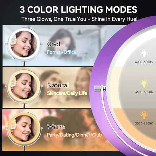 Auxmir 9" Large Lighted Makeup Mirror with Magnification, 1X/30X Double Sided Magnifying Mirror with Adjustable Height, Rechargeable Vanity Mirror with 3 Color Dimmable Lights, 360¡Æ Rotation