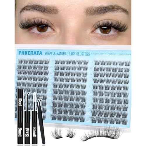 Lash Clusters Kit Natural Eyelash Clusters Wispy Lash Extension Kit 180Pcs Cluster Eyelash Extensions Kit 10-16mm C Curly Individual Lashes Soft with Lash Bond and Seal, Lash Tweezers