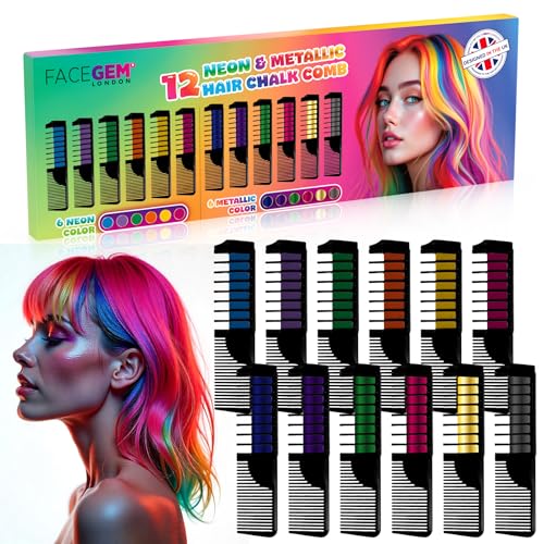 Hair Chalk Combs 12 Neon & Metallic Colors - Easy Washable