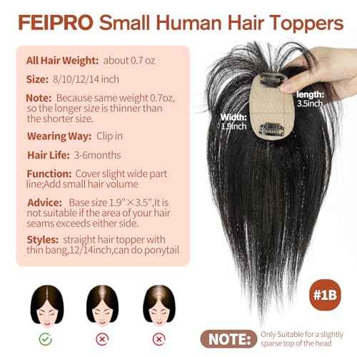 Short Hair Toppers for Women, Real Human Hair Toppers with Bangs, Clip in Human Topper for Thin hair, Thinning Crown Wiglets Hair Pieces Small Top Base 1.9"¡¿3.5" 8 Inch,0.7oz,1B Natural Black