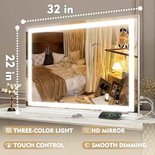 ROLOVE Vanity Mirror with Lights, 32" x 22" Large Lighted Vanity Mirror with Dimmable 3 Modes, LED Makeup Mirror, USB Charging Port, Tabletop or Wall-Mounted Square White
