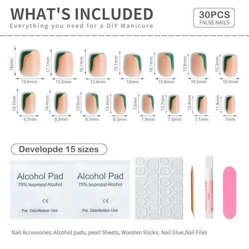 Green French Press On Nails Short Square 30pcs