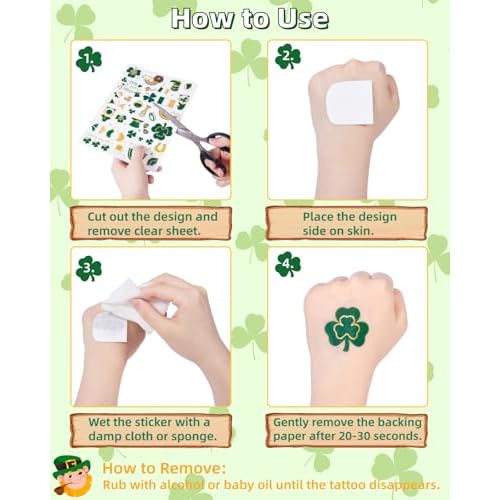 32 Sheets 100+ PCS Glitter St. Patrick's Day Shamrock Temporary Tattoos with Gold Foil Highlights, St. Patrick's Day Accessories, Party Favors, All Ages