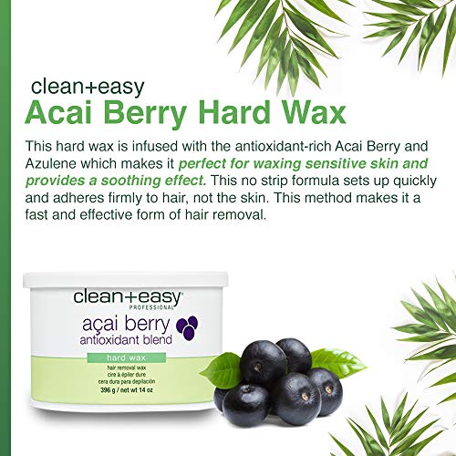 Clean + Easy Acai Berry Hard Wax for Hair Removal ? Non-Strip, Depilatory Wax for Painless Full Body, Face, Bikini Brazilian Waxing, Removes Fine to Coarse Hair, 14 oz