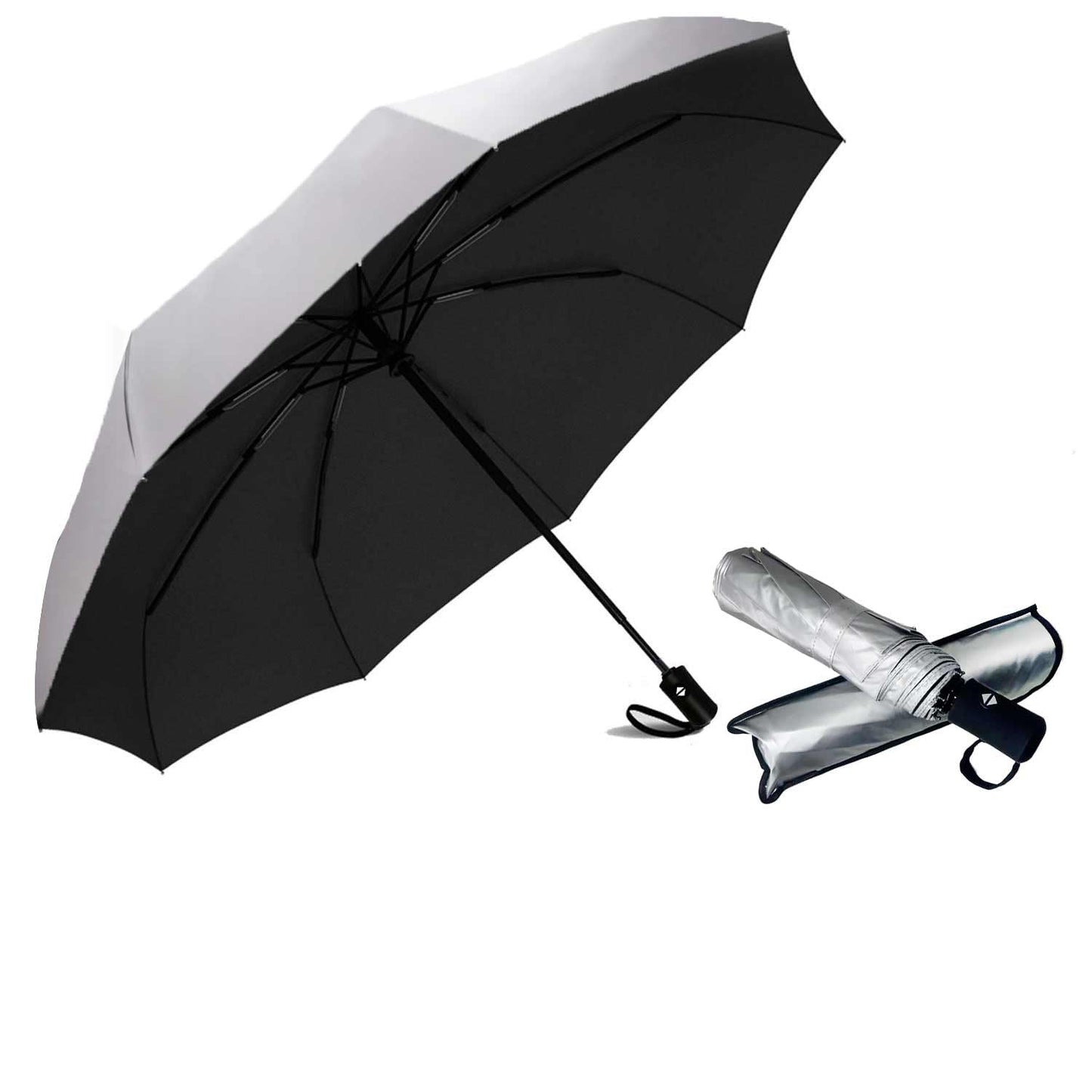 SIEPASA UV Protection Travel Compact Umbrella-Automatic Umbrellas for Rain-Compact Folding Umbrella, Travel Umbrella, Small Portable Windproof Umbrellas for Men Women Teenage.(Silver/Black)