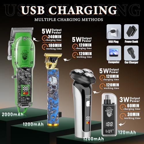 Hair Clippers for Men, 4 Pcs Professional Cordless Rechargeable Transparent Plastic Clipper Set Body Trimmer Electric Razor for Men Nose and Ear Hair Trimmer with Bag, Men's Birthday Easter Gifts