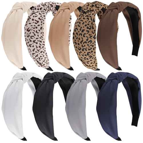 Funtopia Headbands for Women, 9pcs Fashion Knotted Headband Leopard Print Knot Hairband, Cute Wide Headbands for Women Girls Hair Accessories Set(Brown Black White)
