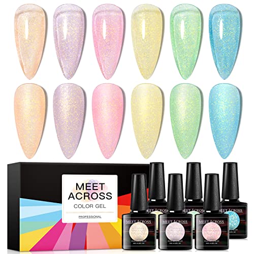 MEET ACROSS Jelly Pink Color Changing Gel Nail Polish Translucent Nude Pink Mood Temperature Change Gel Polish Set White Pink Red Purple Amber Gold Foil Transparent Crystal Gel Nail Polish