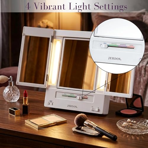 JERDON Lighted Makeup Mirror 5X Magnification Tri-Fold White