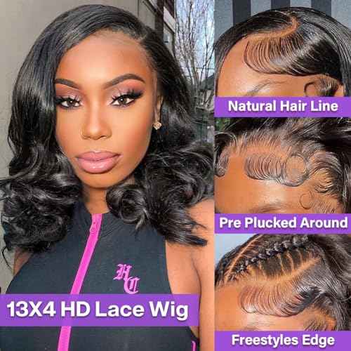 Hihmarm Body Wave Bob Wig Human Hair 13x4 HD Lace Front Wigs Human Hair Pre Plucked 180% Density Glueless Wig Bob Wigs for Black Women Body Wave Lace Frontal Wigs Human Hair Natural Black 14 Inch