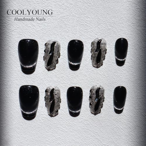 COOLYOUNG French Tip Nails, Cat Eye Press On Nails, 'Lonely Warrior', Square Nail Tips,10 Pieces Black Press On Nails with 1 Gift Box,1 Storage Bag and Gel Nail Kit (S)