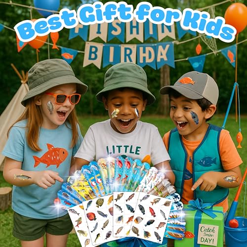 72 PCS Fishing Party Favors - 48 Temporary Pre-Cut Tattoos & 24 Slap Bracelets - Party Favors for Boys & Girls, Birthday Goodie Bag Fillers, Baby Shower Gifts, Classroom Rewards