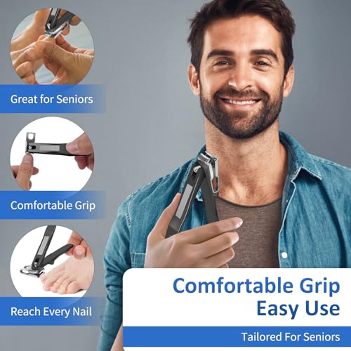 Nail Clippers for Seniors - Artfuy 360° Degree Rotary Nail Clippers for Thick Nails with Long Handle Stainless Steel Heavy Duty. Large Toe Nail Clippers for Seniors, Men and Women (Black)